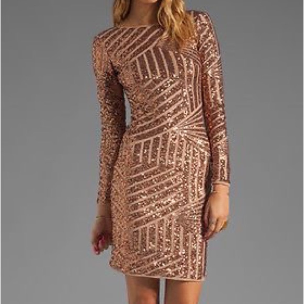*NWT BCBGMaxazria Rose Gold Combo Leondra Long Sleeve Sequin Dress M $428